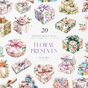 May include: A set of 20 watercolor illustrations of floral gift boxes. The boxes are decorated with flowers, ribbons, and bows. The illustrations are perfect for creating digital or printed designs.