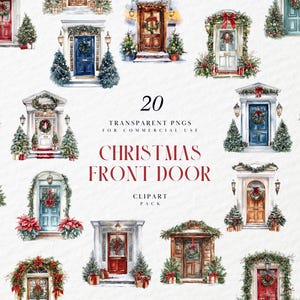 Watercolor Christmas Front Door Clipart, Entrance Doors, House Porch, Xmas, Winter Holiday Season, Transparent PNG Graphics, Commercial Use