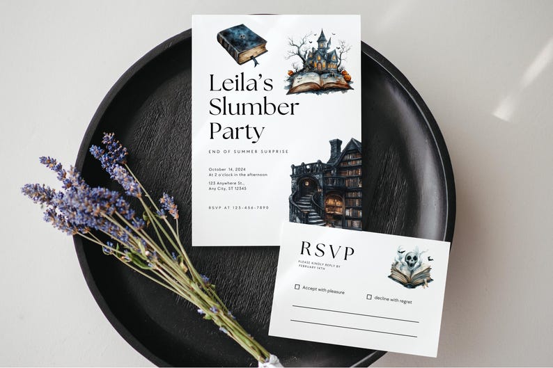May include: A white invitation and RSVP card set with a watercolor illustration of a haunted house, books, and a skull. The invitation reads "Leila's Slumber Party" with event details. A bundle of lavender is in the foreground.