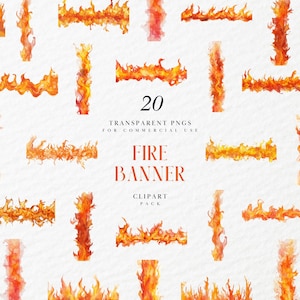 May include: A set of 20 transparent PNG clipart images of watercolour fire banners. The images are perfect for adding a fiery touch to your designs.