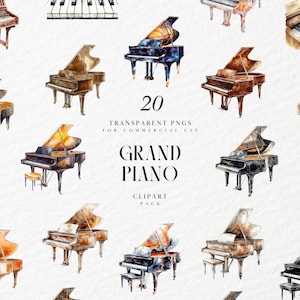 May include: A set of 20 watercolour illustrations of grand pianos in various colours and styles. The illustrations are perfect for adding a touch of elegance to any design project.