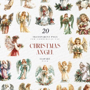 Clipart di angelo natalizio ad acquerello, adorabile cherubino festoso, spirito natalizio vintage, graziosa decorazione invernale, PNG trasparente, uso commerciale