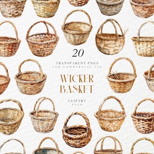 Akwarela Wiklinowy Koszyk Clipart, Rustykalny Pojemnik Piknikowy Rattanowy, Boho Wystrój Domu, Rekwizyt Wiejski, Przezroczysta Grafika PNG, Użytek Komercyjny