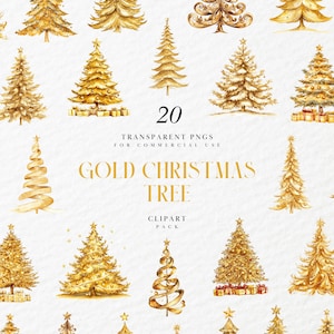 May include: A collection of 20 gold Christmas tree clipart images. The trees vary in style, from traditional to abstract, and are rendered in a watercolor style. The text "GOLD CHRISTMAS TREE" and "CLIPART PACK" are also visible.