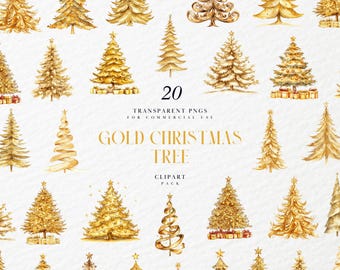 Clipart di albero di Natale dorato ad acquerello, arte natalizia metallica dorata, design di ornamenti di lusso, grafica PNG trasparente, uso commerciale