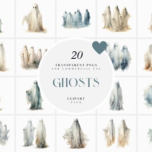 Könnte beinhalten: Eine Sammlung von 20 Geister-Clip-Art-Bildern in Aquarell. Die Geister werden in verschiedenen Posen und Gruppierungen dargestellt, mit einer weichen, ätherischen Qualität. Der Text "20 Transparente PNGs für kommerzielle Nutzung Ghosts Clipart Pack" ist ebenfalls enthalten.