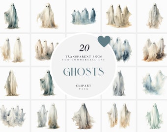 Watercolor Spooky Ghosts Clipart, White Ghost Clipart, Halloween Costume, Realistic Ghosts Clipart, Transparent PNG files Commercial Use Art