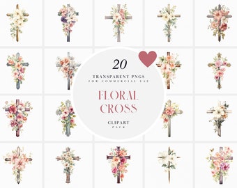 Watercolor Floral Cross Clipart, Floral Crosses Clipart, Baptism Cross with Flowers, Christianity, Transparent PNG Graphic, Commercial Use