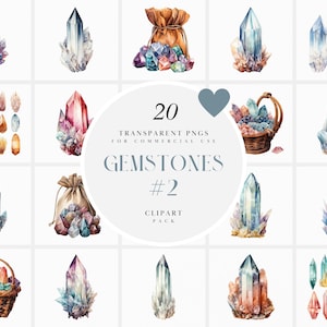 Watercolor Gemstone Clipart, Gem Stones Clipart, Magical Crystal Clipart, Precious Stone Birthstones Clipart, Jewels, PNG for Commercial Use