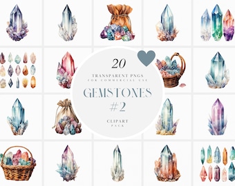 May include: A set of 20 watercolor gemstone clipart images. The images feature various shapes and colors of gemstones, including purple, blue, green, and red. The gemstones are depicted in a variety of settings, including a bag, a basket, and on their own. The text "20 TRANSPARENT PNGS FOR COMMERCIAL USE GEMSTONES #2 CLIPART PACK" is displayed in the center of the image.