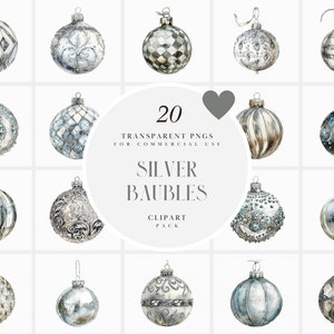 Puede incluir: Veinte adornos navideños de plata con varios diseños, incluyendo patrones geométricos, espirales y detalles de cuentas. Los adornos son ilustraciones de acuarela sobre un fondo blanco.