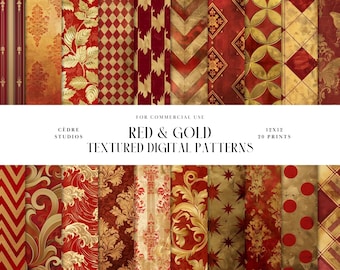 May include: Set of 20 digital patterns featuring red and gold textured designs. The patterns include geometric shapes, floral motifs, and damask patterns.