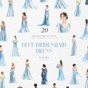 Vestido de madrinha azul aquarela, clipart, moda elegante para festa de casamento, arte personalizada para traje de casamento, gráficos PNG transparentes, uso comercial
