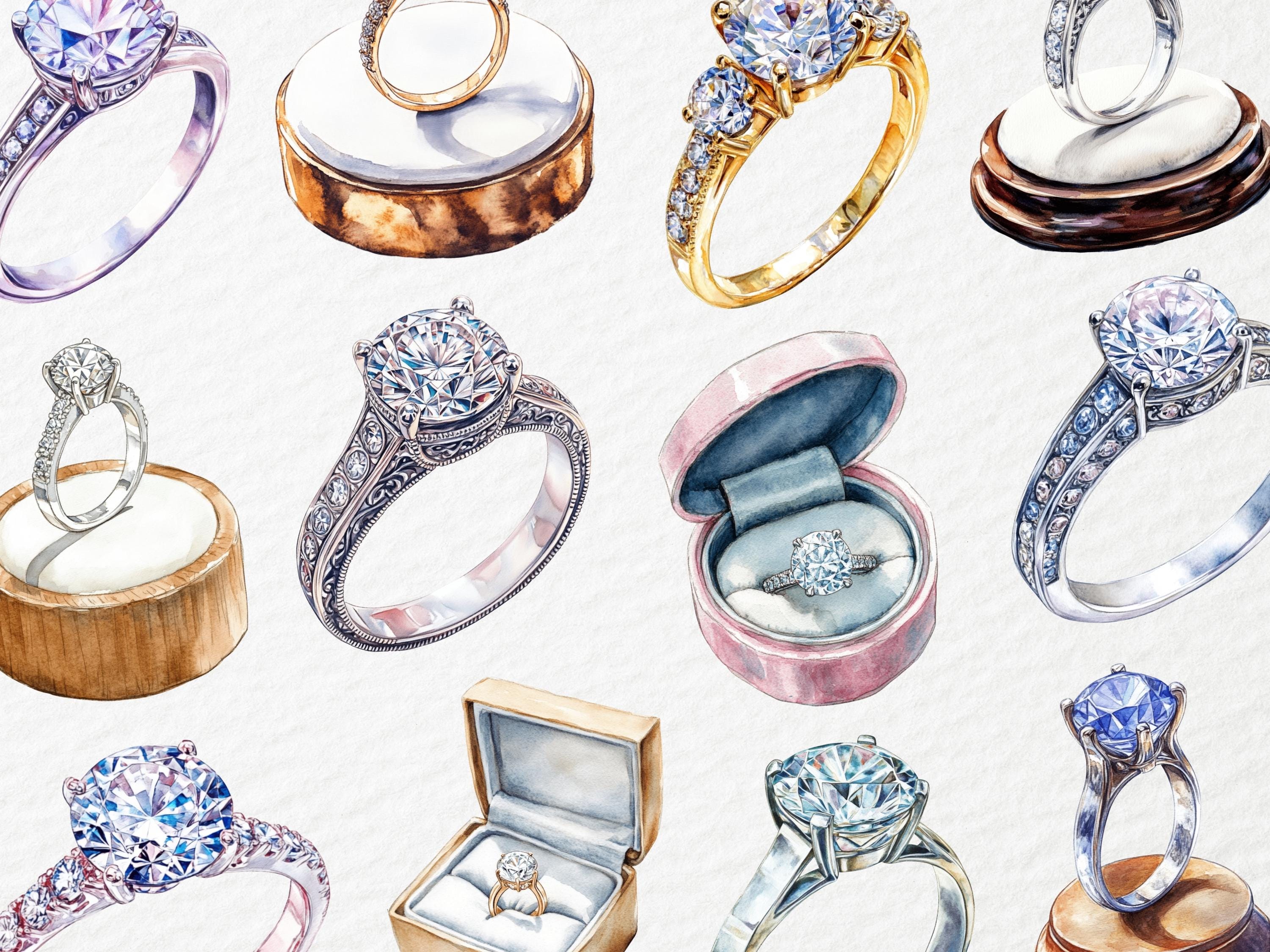 Watercolor Engagement Ring Clipart, Diamond Solitaire Band, Wedding ...