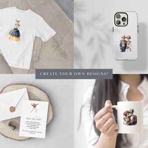 May include: A set of four different designs featuring watercolor illustrations of skeletons in various poses. The designs are printed on a white t-shirt, a white phone case, a white mug, and a white save the date card. The designs are perfect for adding a touch of whimsy and humor to your home decor or wardrobe.