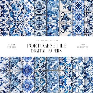 Puede incluir: Un conjunto de 20 papeles digitales con patrones de azulejos portugueses azules y blancos. Los papeles miden 30,5 x 30,5 cm y son para uso comercial.