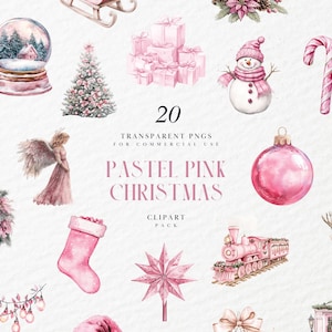 May include: A set of 20 pastel pink Christmas clip art images. The images include a snowman, a Christmas tree, a stocking, a wreath, a nutcracker, a sleigh, a candy cane, a star, a train, a reindeer, a bell, a snow globe, a present, a poinsettia, a Christmas ornament, a angel, a Santa Claus, a door, and a string of lights.