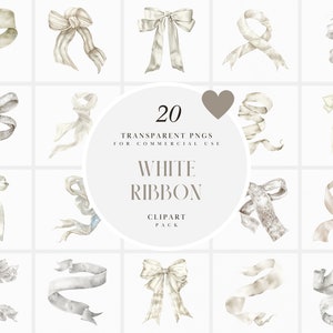 Watercolor White Ribbon Clipart, White Ribbons Clipart, Decorative Elements, Card Making, Garland, Transparent PNG Graphics, Commercial Use