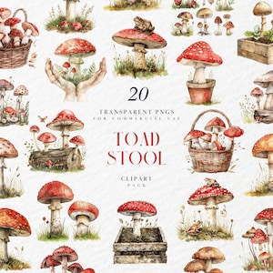 May include: A set of 20 watercolor illustrations of red and white toadstools with various details, including a frog, a basket, and a wooden log. The illustrations are perfect for adding a touch of whimsy to your designs.