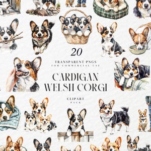 Könnte beinhalten: Aquarell-Clipart-Paket mit 20 transparenten PNG-Bildern von Cardigan Welsh Corgi-Hunden in verschiedenen Posen. Die Bilder zeigen Hunde mit Stöcken, in Körben und mit Spielzeug. Der Text auf dem Bild lautet "Cardigan Welsh Corgi Clipart Pack".