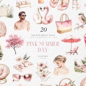 Clipart de un acogedor día de verano en acuarela, Hola verano con temática rosa neutra, Floral, Pegatina digital, Gráficos PNG transparentes, Uso comercial