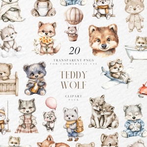 Może przedstawiać: Kolekcja 20 akwarelowych obrazków clipart z uroczymi postaciami misia i wilka. Ilustracje przedstawiają zwierzęta w różnych pozach, takich jak trzymanie kwiatów, jazda samochodem i noszenie ubrań. Widoczny jest również tekst "TEDDY WOLF CLIPART PACK".