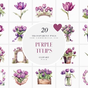 Watercolor Purple Tulips Clipart, Floral Purple Tulip Clipart, Purple Flower Bouquet Clipart, Transparent PNG Files for Commercial Use Art