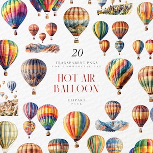May include: A set of 20 watercolor illustrations of hot air balloons in various colors and patterns. The balloons are isolated on a white background. The text "20 TRANSPARENT PNGS FOR COMMERCIAL USE HOT AIR BALLOON CLIPART PACK" is displayed in the center of the image.