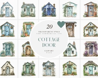 Watercolor Spring Cottage Door Clipart, Cabin Doors Clipart, Countryside, Cottagecore, Home porch, Transparent PNG Graphics, Commercial Use