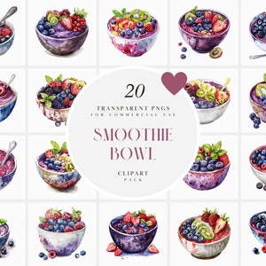 Clipart di ciotola di frullato ad acquerello, pre-allenamento, colazione sana, dolce, cibo post-esercizio con frutta, PNG trasparente, uso commerciale