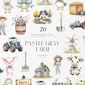 Clipart ferme aquarelle gris pastel, animal de basse-cour neutre, baby shower, fête d'enfants, style campagnard rustique, PNG transparent, usage Commercial