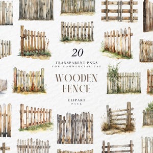 Może przedstawiać: Zestaw 20 przezroczystych obrazów PNG przedstawiających drewniane płoty w różnych stylach. Ilustracje są wykonane w stylu akwarelowym, z naturalnymi odcieniami drewna i subtelnymi cieniami. Tekst brzmi "WOODEN FENCE CLIPART PACK".