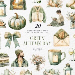 Clipart de un acogedor día de otoño en acuarela, con temática verde neutral, saludos otoñales, floral, pegatina digital, gráficos PNG transparentes, uso comercial