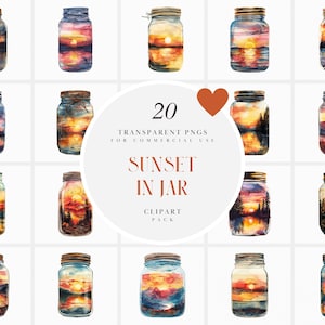 Watercolor Sunset in Jar Clipart, Tropical Sunsets Jar Clipart, Beautiful Scenery in Jar, Mason Jar, Transparent PNG Graphic, Commercial Use