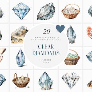 Watercolor Clear Diamond Clipart, Diamond Stone Clipart, Cut  Diamond Crystal Clipart, Gem Diamonds Clipart, Transparent PNG, Commercial Use
