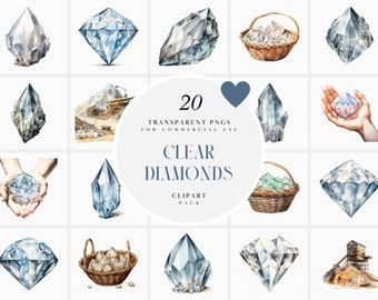 May include: A set of 20 watercolor illustrations of clear diamonds in various shapes and sizes. The illustrations include diamonds in baskets, in hands, and on their own. The text "20 Transparent PNGs for Commercial Use Clear Diamonds Clipart Pack" is also included in the image.