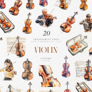 Può includere: Pacchetto di clipart ad acquerello con 20 PNG trasparenti di violini. L'immagine include violini, alcuni in custodie, insieme a spartiti e persone che suonano. Il testo sull'immagine recita "VIOLIN" e "CLIPART PACK".