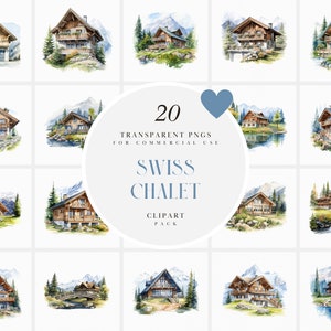 Clipart di chalet svizzero ad acquerello, Alpi, paesaggi di montagne, Clipart di baita rustica, accogliente cottage in legno, PNG trasparente, uso commerciale