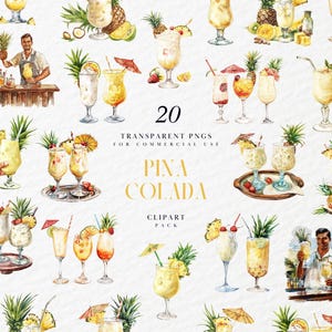 May include: A set of 20 watercolor illustrations of tropical cocktails, including piña coladas, with pineapple, cherries, and other tropical fruits. The illustrations are perfect for creating digital or printed designs.