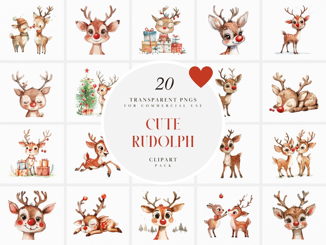 Watercolor Cute Rudolph the Red Nosed Reindeer Clipart, Kids ...