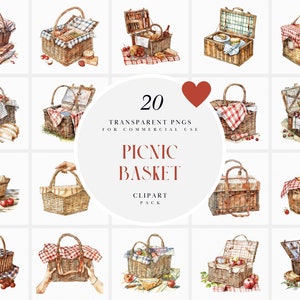 Aquarel picknickmand clipart, geweven manden picknick clipart, Cottagecore clipart, picknick datum, transparante png-afbeeldingen, commercieel gebruik