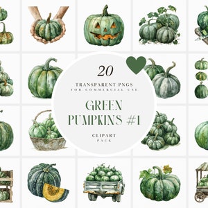 Clipart de abóbora verde aquarela, clipart de abóboras verdes, criação de cartão de convite, elementos de outono, estação de outono, PNG transparente, uso comercial
