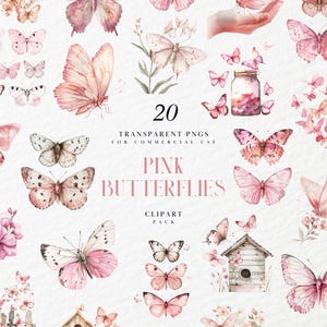 Imágenes prediseñadas de mariposas de acuarela de color rosa pastel, jardín de mariposas, primavera pastel, verano, flores florales, gráficos PNG transparentes, uso comercial