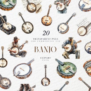 Clipart banjo aquarelle, instruments à cordes frottées, musique jouée, concert, country, herbe bleue, graphique PNG transparent, usage Commercial