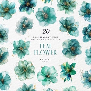 Clipart de flores azul-petróleo Boho Chic em aquarela, flores transparentes transparentes, florais opacos, translúcidos, gráficos PNG transparentes, uso comercial