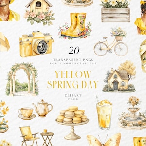 Clipart de un acogedor día de primavera en acuarela, saludos de primavera con temática neutra amarilla, floral, calcomanía digital, gráfico PNG transparente, uso comercial