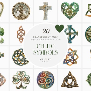 Imágenes prediseñadas de símbolos celtas adornados con acuarela, runas, gaélico, triskelion, trébol, San Patricio, árbol de la vida, PNG transparente, uso comercial