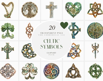 Watercolor Ornate Celtic Symbols Clipart, Runes, Gaelic, Triskelion, Shamrock, St Patrick's, Tree of Life, Transparent PNG, Commercial Use
