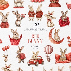 Clipart de conejito rojo de acuarela, conejo de Pascua vintage, floral, corazón, con vestido, gráficos de San Valentín, gráficos PNG transparentes, uso comercial
