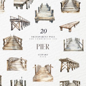 Clipart di molo in legno ad acquerello, passerella rustica, riva del mare, sentiero sul lago in riva al mare, passeggiata in legno, grafica PNG trasparente, uso commerciale